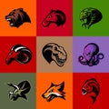 Bear, horse, snake, ram, fox, piranha, dinosaur, octopus head isolated vector logo concept.