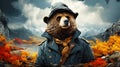 A bear hunter wearing a hat and coat. Generative AI
