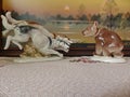 Bear and hunting dogs. A chance meeting in the woods. Retro porcelain figurine, collection.