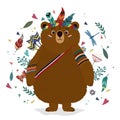 A bear in an Indian costume. Drawing for t-shirts. Print. Cap of feathers, dragonfly, leaves, heart Royalty Free Stock Photo
