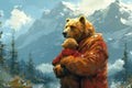 Bear in a jacket hugging a cub with a snowy mountain backdrop, invoking a sense of care and adventure. Postcard for the