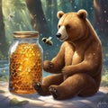 a bear with a jar of honey and honey bee insect in a jungle