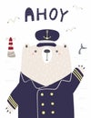 Cute funny bear sailor, captain, lighthouse, gulls, shark tail, text Ahoy Royalty Free Stock Photo