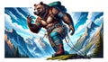 Bear-like adventurer equipped for mountain climbing