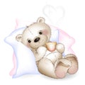 A bear lying in bed on pillows