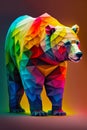 Bear made up of multicolored triangles on dark colored background. Generative AI