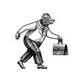 A bear man in a suit, hat and carrying case runs to work. Businessman in a jacket. Fashion animal character. Hand drawn