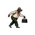 A bear man in a suit, hat and carrying case runs to work. Businessman in a jacket. Fashion animal character. Hand drawn