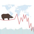 Bear market. Bear, red chart and world map. Falling market. Stock market vector. Royalty Free Stock Photo