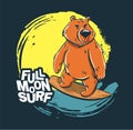 Bear moon surfer cool summer t-shirt print. Midnight ride surfboard on big wave. Full moon