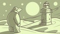 Bear and Moonlit Lighthouse, Whimsical Night Scene Vector, vector design Generative AI Royalty Free Stock Photo