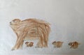 Bear mother with three babies walking