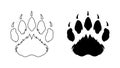 Bear or panda furry paw footprint with claws. Silhouette, contour. Icon. Black Vector isolated on white. Grizzly wild