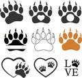 Bear paw monogram icon. Pet paw print cat dog man friend sign. pet paw print with heart symbol. flat style Royalty Free Stock Photo