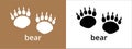 Bear paw print trail icon. Grizzly, polar bear foot print track icons vector set. Black and white. Isolated vector illustration. Royalty Free Stock Photo