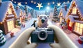 Bear paws holding a camera and taking pictures of a cute baby polar bear and penguin in Christmas decorated village Royalty Free Stock Photo