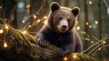 Adorable Brown Bear Cub on Mossy Log with Fairy Lights Royalty Free Stock Photo
