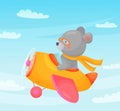Bear pilot is flying on plane through the clouds. Cute cartoon vector illustration for children. Royalty Free Stock Photo