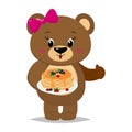 A bear with a pink bow holds a plate of pancakes with honey and berries isolated on white background.