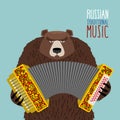 Bear playing accordion. Russian national musical instrument.