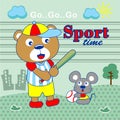 Bear playing baseball with mouse in the garden funny animal cartoon