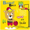 Bear playing basketball with owl funny animal cartoon,vector illustration