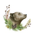 Bear portrait flower arrangement. Watercolor illustration. Wild grizzly bear animal autumn flowers, forest berries