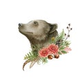 Bear portrait flower decoration. Watercolor illustration. Wild grizzly bear animal autumn flowers, forest berries