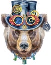 Bear head. Watercolor bear in steampunk hat with goggles. Painting illustration isolated on white background Royalty Free Stock Photo