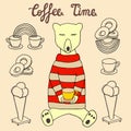 A Bear in a pullover with a cup of coffee, ice cream and donuts. Coffee time hand drawn sketch.
