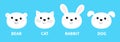 Bear, rabbit, cat, dog. Animal head face round icon set line. Educational cards for kids. White color. Cute cartoon kawaii funny Royalty Free Stock Photo