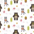 Bear and raccoon autumn white seamless pattern.