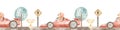 Watercolor seamless border with bear racer on race car, tree, road, trophy