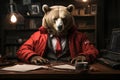 A bear in a red jacket sitting at a desk. Negative trading concept