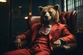 A bear in a red jacket sitting at a desk. Negative trading concept