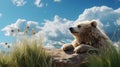 Dreamlike Illustration Of A Bear In Grass With Detailed Skies