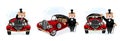 Teddy bear in a black tuxedo, a hat and a bow tie on a red convertible