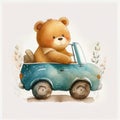bear rides a car character, cartoon watercolor style Generative AI