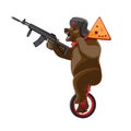 A bear rides a unicycle with a balalaika and a machine gun in his hands on a white isolated background. Vector image