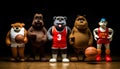 A bear, a rooster, a monkey, a frog, a gorilla, all of whom are of the same size. They form a team, wearing basketball suits