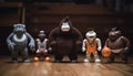 A bear, a rooster, a monkey, a frog, a gorilla, all of whom are of the same size. They form a team, wearing basketball suits