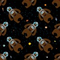 Bear Russian astronaut pattern seamless. Wild beast spaceman in Russia background