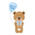 Bear. It\'s a boy. Teddy bear with blue balloon for babyshower in flat style. Royalty Free Stock Photo