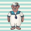 Bear sailor. Striped background. Hand drawn vector illustration Royalty Free Stock Photo