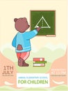 Bear schoolboy writing on blackboard on geometry lesson. Animal elementary school for children Royalty Free Stock Photo