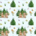 Bear Seamless pattern with funny bears. Teddy bear with flowers and Christmas trees. Children's illustration. Design