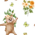 Bear Seamless pattern with a funny teddy bear. Teddy bear with flowers and butterflies. Children's illustration