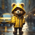 Bear in shinny yellow jacket in the rain in the city