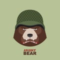 Bear soldier. Head of angry bear in military helmet