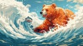 Grizzly Bear Fishing Salmon in Ocean Waves: A Vibrant Illustration Royalty Free Stock Photo